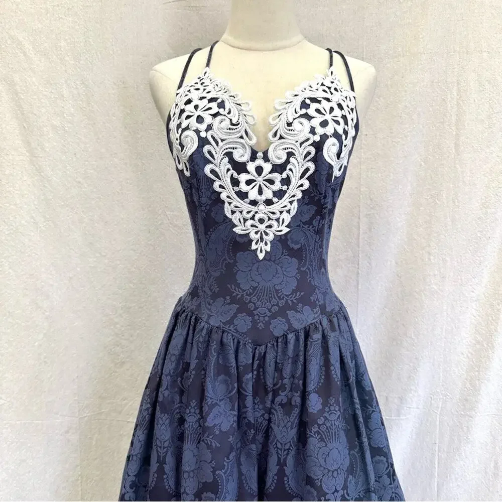 Gunne Sax vintage 80s navy brocade tea length‎ formal/party dress size 7/8 - Picture 13 of 16